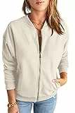 GeGekoko Zip Sweatshirt Damen übergroße Jacket Sweatshirt Einfarbige Loose Langarm Tops Oberteile mit Tasche,Beige grau,M
