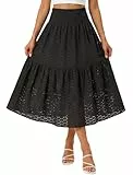 Odizli Rock Damen Sommer Leicht und Luftig High Waist Boho Plissee A Linie Midi Lang Sommerrock Röcke mit Gummizug Faltenrock Plisseerock Midirock Maxirock Damenrock Damenröcke Schwarz XXL