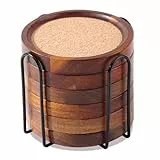 WLWNWFT Holz Untersetzer Rund für Gläser 6er Set, Glasuntersetzer aus Akazienholz und Kork mit Halter, Untersetzer Gläser Kork für Getränke, Bar, Tassen, Glas