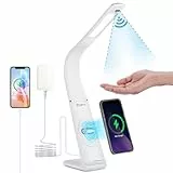 rigors LED Schreibtischlampe mit Bewegungssensor Tischlampe 10W Wireless Charger für Handy, Schreibtischleuchte Stufenlose Dimmen Tischleuchte mit 10 Helligkeitsstufen 700LM Bürolampe Leselampe-Weiß