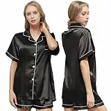 Ladieshow Damen Schlafanzug Kurz Sommer, Satin Pyjamas Set Kurzarm Nachtwäsche, Seide Pyjama Set für Damen Shorty Zweiteiliger Hausanzug Shorts und Oberteile - Schwarz 2XL