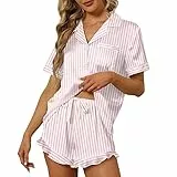 SAPJON Satin-Seiden-Pyjama für Damen, 2 Stück, Rüschen, Kerbkragen, Nachtwäsche, Knopfleiste, kurzärmelig, Pyjama-Set, Loungewear, Rosa gestreift, S