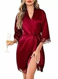 Lovasy Bademantel Damen Satin Kurz Kimono Manschetten aus Spitze Sexy Japanisch Morgenmantel für Damen Braut Team Bride Hochzeit Party Pyjama mit Gürtel,Violett Rot,M