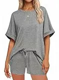 Tankaneo Schlafanzug Damen Kurz Zweiteiliger Pyjama Set Rundhals Kurzarm Sommer Nachtwäsche Locker Lässig mit Kordelzug Grau L