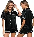 SWOMOG Schlafanzüge für Damen Kurz Satin Pyjama Set Übergröße Nachtwäsche mit Brusttasche Zweiteilige Seidenpyjama Pjs Sets Button Down Sleepwear Schwarz