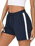 Litherday Shorts Damen Sportshorts Kurz Hosen Streifen Jogginghose Sommer Traininghose mit Taschen Elastischer Bund und Atmungsaktive Shorts zum Fitness, Running, Gym, Basketball, Navy blau, M