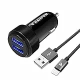 RAMPOW Kfz Ladegerät, Auto Ladegerät, Zigarettenanzünder USB Ladegerät, 24 W 4,8A 2-Port mit 1M Nylon Lightning Kabel Kompatibel für iPhone XR, iPhone X, iPhone 8, iPhone 7, iPhone 6