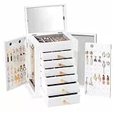 ProCase Schmuckkästchen Schmuckaufbewahrung Groß Holz Schmuckschatulle mit 7 Ebenen Schmuckkasten Schmuckbox Schmuck Organizer mit Spiegel, Schubladen für Ringe, Ohrringe -Weiß