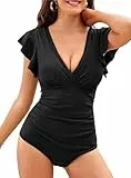 GRACE KARIN Damen Einteiler Bademode V-Ausschnitt Badeanzug mit V-Ausschnitt hinten Sexy Monokinis Schlankheits Sommer Swimsuit Schwarz L