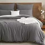 EMME Musselin Bettwäsche 100% Baumwolle, 135x200 Doppelte Sommer Bedding Bettwäsche-Sets mit Reißverschluss, 1er Set Bettbezug mit 1 Kissenbezüge 80x80 cm, Musselin Tagesdecke, ÖKO-TEX, Dunkelgrau
