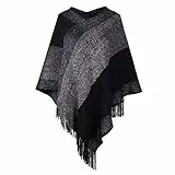 Women's Elegant Knitted Shawl Poncho with Fringed V-Neck Striped Sweater Pullover Cape Gifts for Women Mom