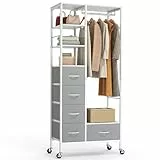HOKEEPER Kleiderständer,Offener Kleiderschrank,Kleiderständer auf Rollen,Kleiderstange,Fahrbarer Kleiderständer mit Schubladen,Jackenständer,Clothes rack, Haken,Grau