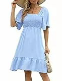Clearlove Damen Sommerkleid Knielang A Linien Kleid Kurzarm Casual Rüschen Tunika Kleider Minikleid Elegant Quadratischer Hals Partykleid Sommer Hellblau L