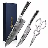 Sunnecko 3PCS Damastmesser Küchenmesser Set Messer Set - Damast Messer Scheren Kochmesser Profi Messerset Damaszener Stahl Küchenmesser Küchenschere Set,vatertagsgeschenk für papa
