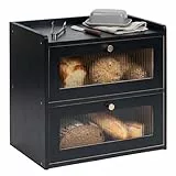 Relaxdays Brotkasten Bambus, 2 Etagen, Brotlade mit Sichtfenstern, Klapptüren, HBT: 34 x 36,5 x 24 cm, Brotbox, schwarz