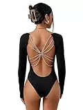 GORGLITTER Body Damen Langarm Bodysuit mit Kette Rücken Bodys Rückenfrei Bodysuits Festival Outfit Overall Schwarz S