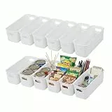 12 Stück weiße Aufbewahrungsbox mit Griffen, 22 x 8.5 x 6.5 cm Kunststoff Organizer Box, Aufbewahrungsbox Klein, Stapelbare Aufbewahrungskörbe für Küche, Badezimmer, Schrank & Büro, Schmale Ordnungsbo