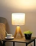 EDISHINE Nachttischlampe Tischlampe Holz, E27 Fassung, Stativ Vintage Landhaus, Beiger Lampenschirm aus Leinen, für modern Deko Schlafzimmer, Wohnzimmer, Nachttisch