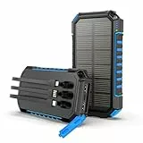 Hiluckey Solar Powerbank 27000mAh, Tragbare Solar Ladegerät mit 3 Integrierten Kabeln, Solar Power Bank mit 3 Ausgängen USB C Externer Akku mit LED Taschenlampe für Smartphones Tablets (Blau)