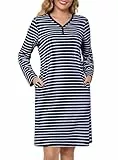 Lovasy Nachthemd Langarm Damen Baumwolle V Ausschnitt Gestreift Nachthemd mit Knöpfen Damen Winter Nachtkleid Schlafshirt mit Taschen,Marineblau,M