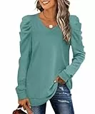 XIEERDUO Pullover Damen Sweatshirt Herbst Elegant Puffärmel Shirt V Ausschnitt Strickpullover Langarm Bluse Langarmshirt Grün L