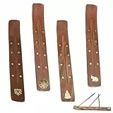 4 Stück Räucherstäbchen Halter, 25.5x3.5cm Holz Räucherstäbchenhalter mit Elefant Buddha Lotus und Ahornblatt Motiven, Incense Holder Für Spirituelle Yoga Meditation Zuhause Büro