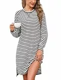 Litherday Nachthemd Damen Langarm Baumwolle Winter Nachthemden für Damen Lang Streifen Schlafshirt Rundhalsausschnitt Nachtwäsche Mädchen Herbst Loungewear