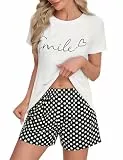UMIPUBO Schlafanzug Damen Kurz Shorty Pyjama Sommer Zweiteiliger Set Nachtwäsche Kurzarm Loungewear Oberteil und Elastischer Bund Schlafshort Mit Taschen Hausanzug Weich Sleepwear Pjs (Weiß, M)