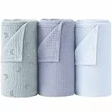 Bearmoss Baby Pucktuch Musselin Decke 100% Baumwolle Dünne Atmungsaktive Babydecke Baby Swaddle Decke Tücher für Junge und Mädchen 3 Stück 96x102cm (Blauer Mond)