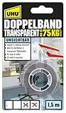 UHU Doppelband transparent, Extra starkes, transparentes doppelseitiges Montage-Klebeband, 1,5 m x 19 mm