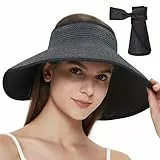Maylisacc Strohhut Damen, Faltbar Strohhut UV Schutz 50 Sonnenhut Elegant Sommerhut Breite Krempe Visor Cap-Einstellbar, 55-59cm, Schwarz