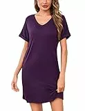 Litherday Nachthemd Damen Kurzarm Schlafshirt Baumwolle V-Ausschnitt Schlafhemd Kurze Nachthemden Sleepshirt Große Nachtkleid Lila M
