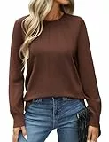 CMTOP Pullover Damen Winter Strickpullover Elegant Rundhals Winterpullover Langarm Lässig Bequem Lose Herbstpulli Warm Leichte Plissee Feinstrickpullover Sweater Oberteile (Kaffeefarbe, S)