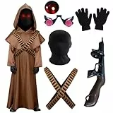 HarnyLoom Jawa Kostüm Kinder, Jawa Umhang Kapuze Tunika Robe Mittelalterlich Outfit Jungen mit Maske Handschuhe Halloween Karneval Cosplay (140)