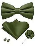 JEMYGINS Herren Matte Einfarbige Fliege mit Taschentuch Manschettenknöpfen und Ansteckblume Set olivgrün