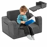 Kidirect 2 in 1 Kindersofa，Klappbare Kindercouch，Kindersofa aus Schaumstoff Bausteine, Spielsofa für Kinder & Kuschelecke im Kinderzimmer,Kinder-Loungesessel für Jungen & Mädchen,Grauer Teddy-Stoff