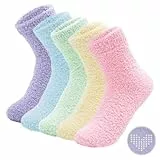 LEAPOP Damen Kuschelsocken Stoppersocken, 5 Paar Regenbogenfarbe Weiche Flauschige Atmungsaktive Socken mit Herzförmige Anti Rutsch Noppen, Gemütlich Winter Warme Dicke Haussocken Bettsocken, 36-42