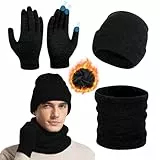 Figarge 3 Stück Mütze Herren Damen Wintermütze Schal Handschuh Sets Thermo Fleece gefüttert Schnee Strickmütze, 3 in 1 Winter Mützen Touchscreen Handschuhe Halswärmer Snood Set (Solides Schwarz)
