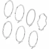 JeweBella 7 Stück Silber Ringe für Damen - Edelstahl 1MM Plain Dünn Midi Fingerring Minimalistisch Daumenringe Set Stapelbarer Knuckle Einfaches Twist für Frauen