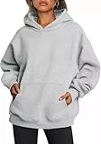 Yunmlep Hoodie Damen Kapuzenpullover Oversize Casual Pullover Sweatshirt Langarm Baumwolle Pulli Herbst Winter Hoody mit Tasche (Grau, XL)