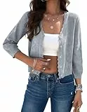 Kate Kasin Damen Bolero Kurze Strickjacke Crochet Crop Pullover Trendy Leichtgewicht 3/4 Ärmel Button Down Knitted Shrugs Top Silbergrau XL