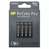 GP ReCyko Pro Akku AAA 800mAh NiMH | 4 Stück Batterien AAA wiederaufladbar 1,2V, vorgeladen Ready2use | entwickelt für optimale Leistung bei stromintensiven Geräten, plastikfreie Verpackung