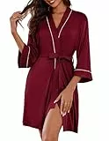 Ekouaer Morgenmantel Damen Leicht Bademantel Kurz Morgenmantel Sommer 3/4 Ärmel Loungewear, Dunkelrot, S