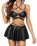 RSLOVE Dessous Set Kunstleder Damen - 4-teilig mi Bügel-BH, Minirock Halsband und String verstellbar Kunstleder-Optik Schwarz L