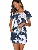 ENJOYNIGHT Schlafanzug Damen Kurz Pyjama Set Baumwolle Kurzarm Top und Kurze Hose Zweiteiliger Nachtwäsche Sommer Hausanzug Loungewear (X-Large,Marine)