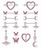 Kakonia 4Paar Nippelpiercing und 4Stk Bauchnabelpiercing Set for Damen Frauen 316L Edelstahl Blume Schmetterling Mond Herz Langhantel Nippelringe Fashion Körperschmuck