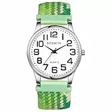 JewelryWe Damenuhr Geflochten Elastische Uhr: Einfache Analog Quarz Armbanduhr Damen Grün Weiß Gewebt Stretchband Lässige Uhr mit großen Zahlen Zifferblatt & Silber Gehäuse für Senioren