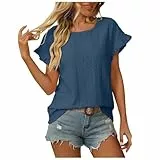 Tshirt Damen Bluse Sommer Elegant 2025 Mode Lochstickerei Top Kurzarm Oberteil Lässige Tunika Casual Shirts (Blau, S)