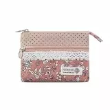 AfitLulu Kleines Portemonnaie Damen Canvas Geldbeutel Damen Klein, 2 Lagen Reißverschlusstaschen Mini Geldbörse Bohème-Stil Mini Portemonnaie für Münzen, Bargeld und Karten (Blume-Rosa)