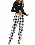 Uniexcosm Schlafanzug Damen Lang Pyjama Set Zweiteiler Baumwolle Winter Nachtwäsche Oberteile & Pyjamahosen Loungewear Stil 5:Schwarz L